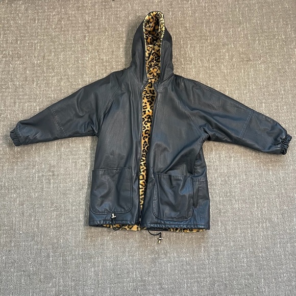 Reversible Vintage Leather Leopard Lined Jacket XL Hood Zip up - Picture 1 of 6
